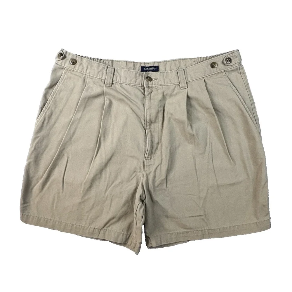 VTG 1997 Dockers Men's 38x6 Beige Khaki Pleated Elastic Waist Chino Shorts